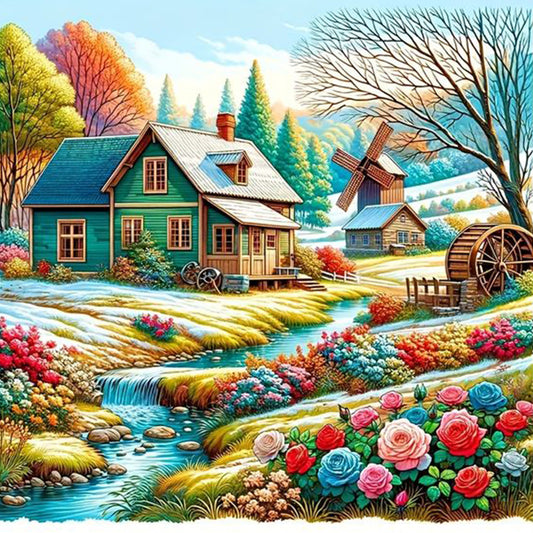 River Flowers House - Full Round Drill Diamond Painting 40*40CM