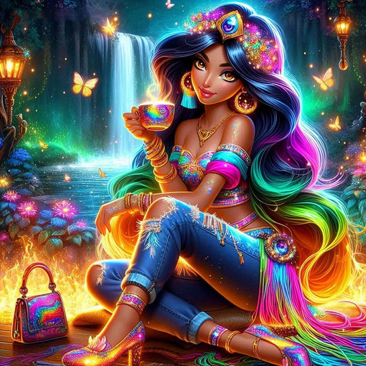 Colorful Hair Princess Jasmine - Full Round Drill Diamond Painting 40*40CM