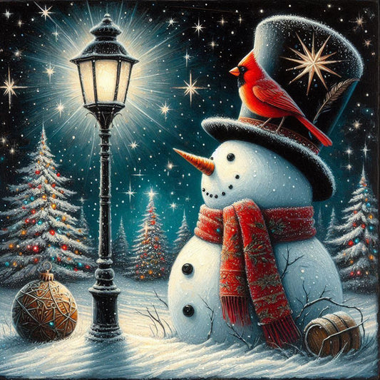 Winter Street Light Snowman - Full Round Drill Diamond Painting 40*40CM