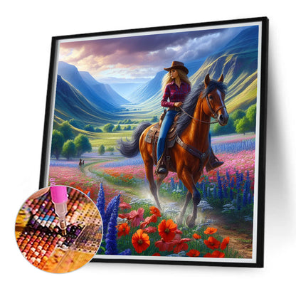 Horseback Riding To See The Sea Of Flowers - Full Round Drill Diamond Painting 40*40CM