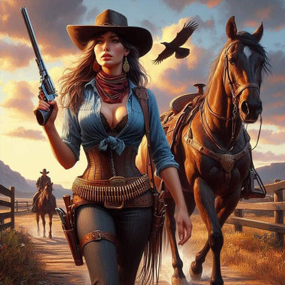 Cowboy Cool Girl And Horse - Full Round Drill Diamond Painting 40*40CM