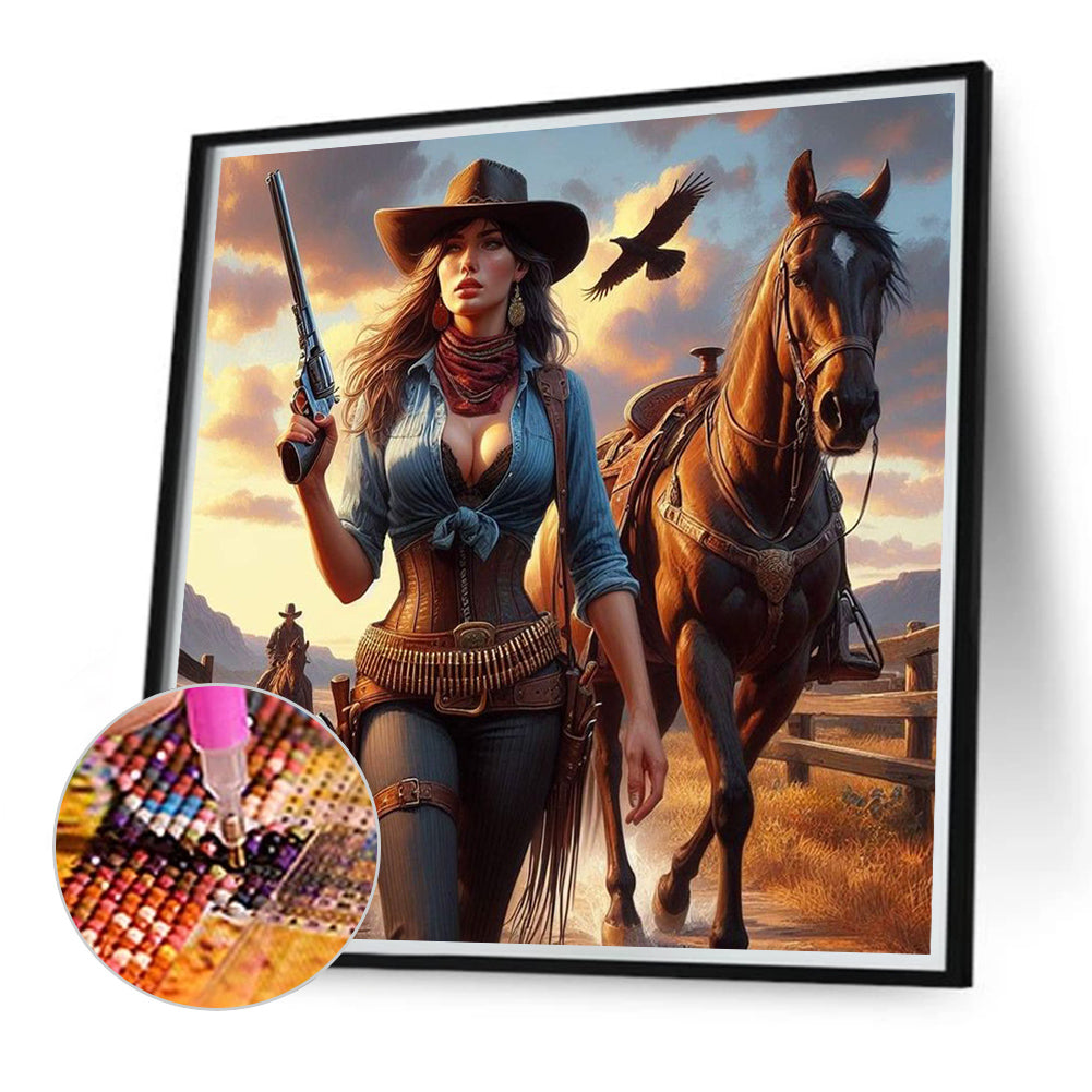 Cowboy Cool Girl And Horse - Full Round Drill Diamond Painting 40*40CM