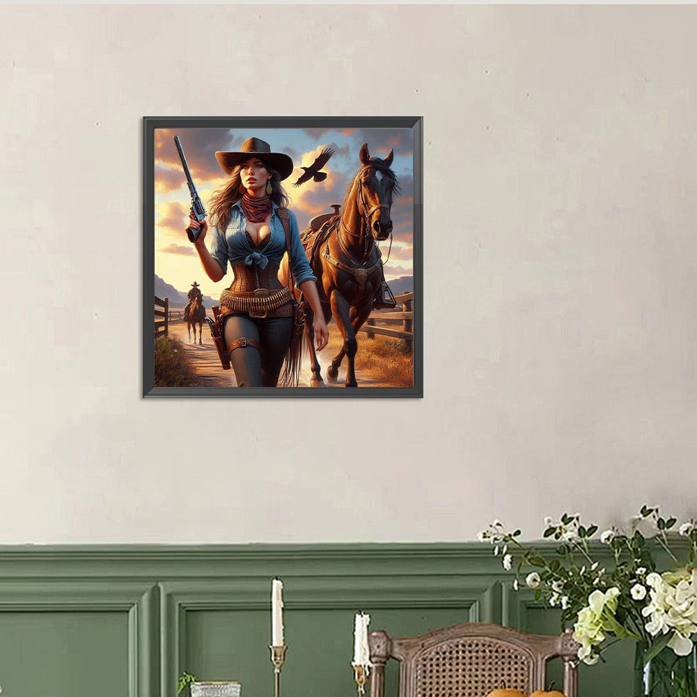 Cowboy Cool Girl And Horse - Full Round Drill Diamond Painting 40*40CM