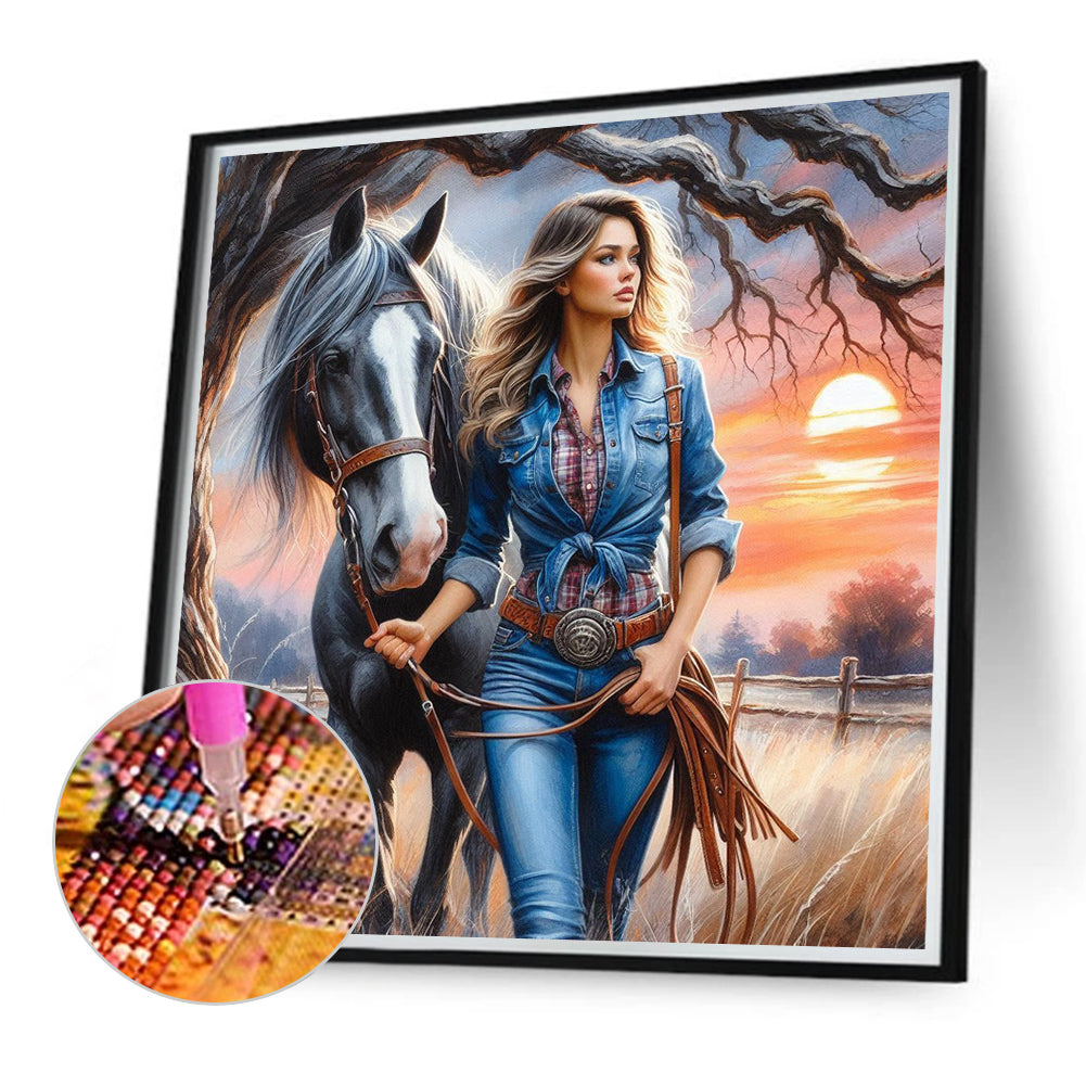 Cowgirl At Sunset - Full Round Drill Diamond Painting 40*40CM