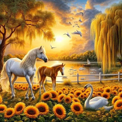 Horse In Sunflower Field - Full Round Drill Diamond Painting 40*40CM