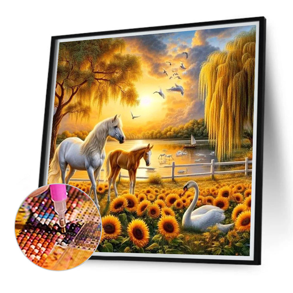 Horse In Sunflower Field - Full Round Drill Diamond Painting 40*40CM