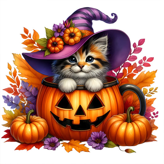 Halloween Pumpkin Kitten - Full Round Drill Diamond Painting 30*30CM