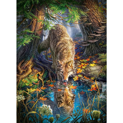 Wolf Drinking Water - Full Round Drill Diamond Painting 55*75CM