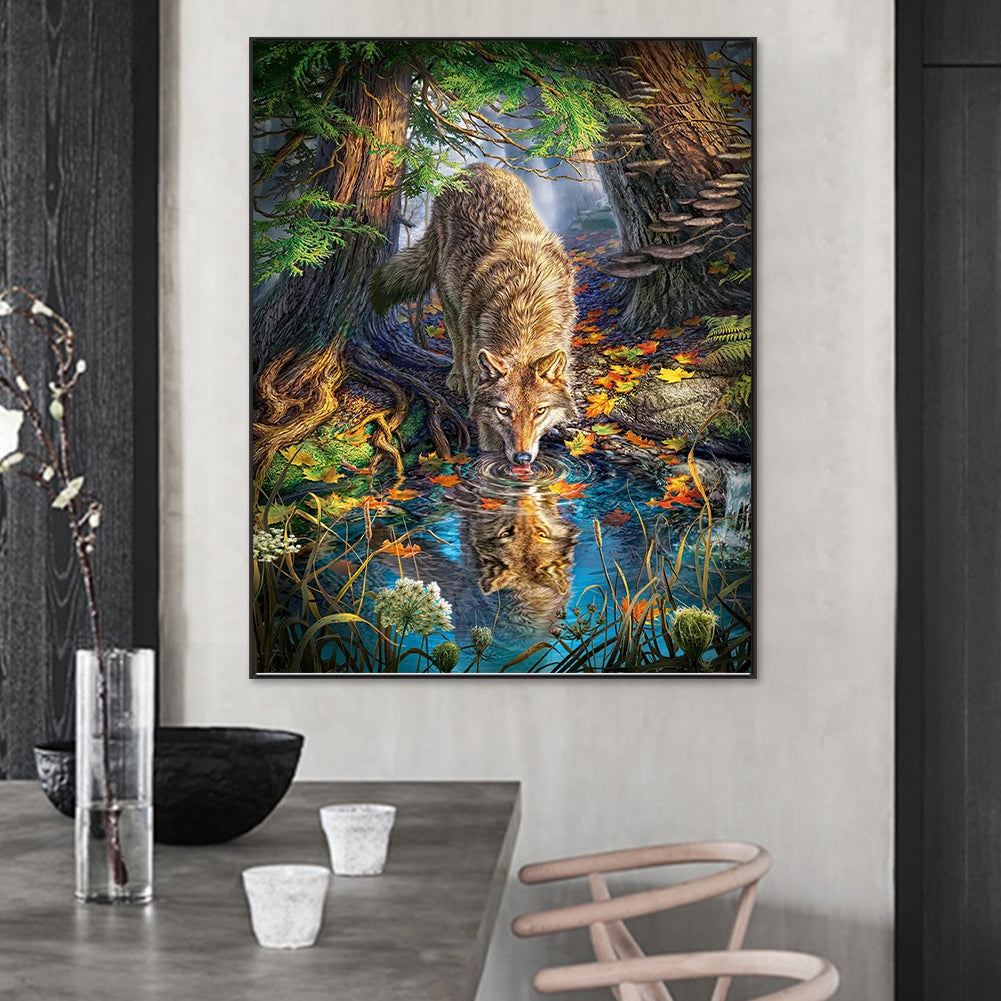 Wolf Drinking Water - Full Round Drill Diamond Painting 55*75CM