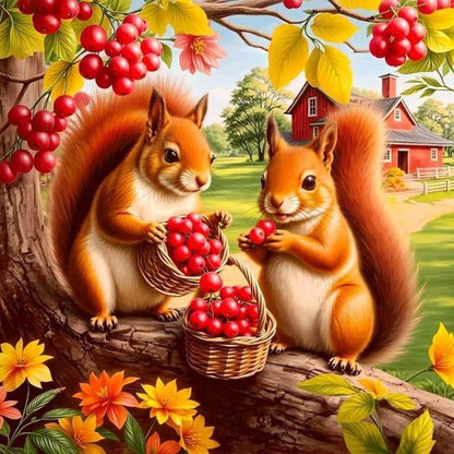 Squirrel Eating Berries In Autumn - Full Round Drill Diamond Painting 40*40CM