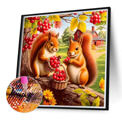 Squirrel Eating Berries In Autumn - Full Round Drill Diamond Painting 40*40CM