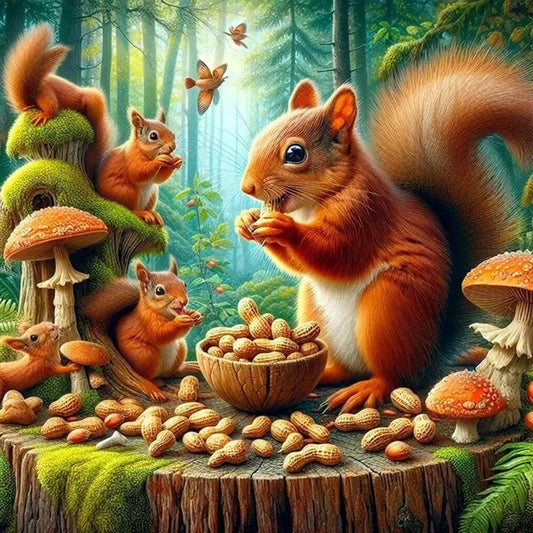 Squirrels Eating Peanuts In Autumn - Full Round Drill Diamond Painting 40*40CM