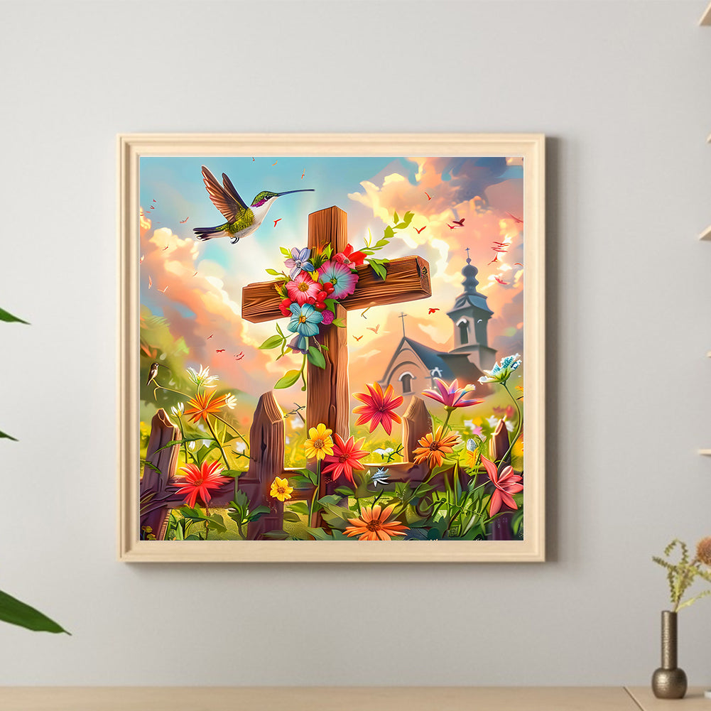 Flower Cross Hummingbird Church - Full Round Drill Diamond Painting 30*30CM