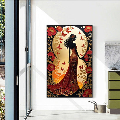 Silhouette Red Skirt Girl - Full Round Drill Diamond Painting 40*60CM