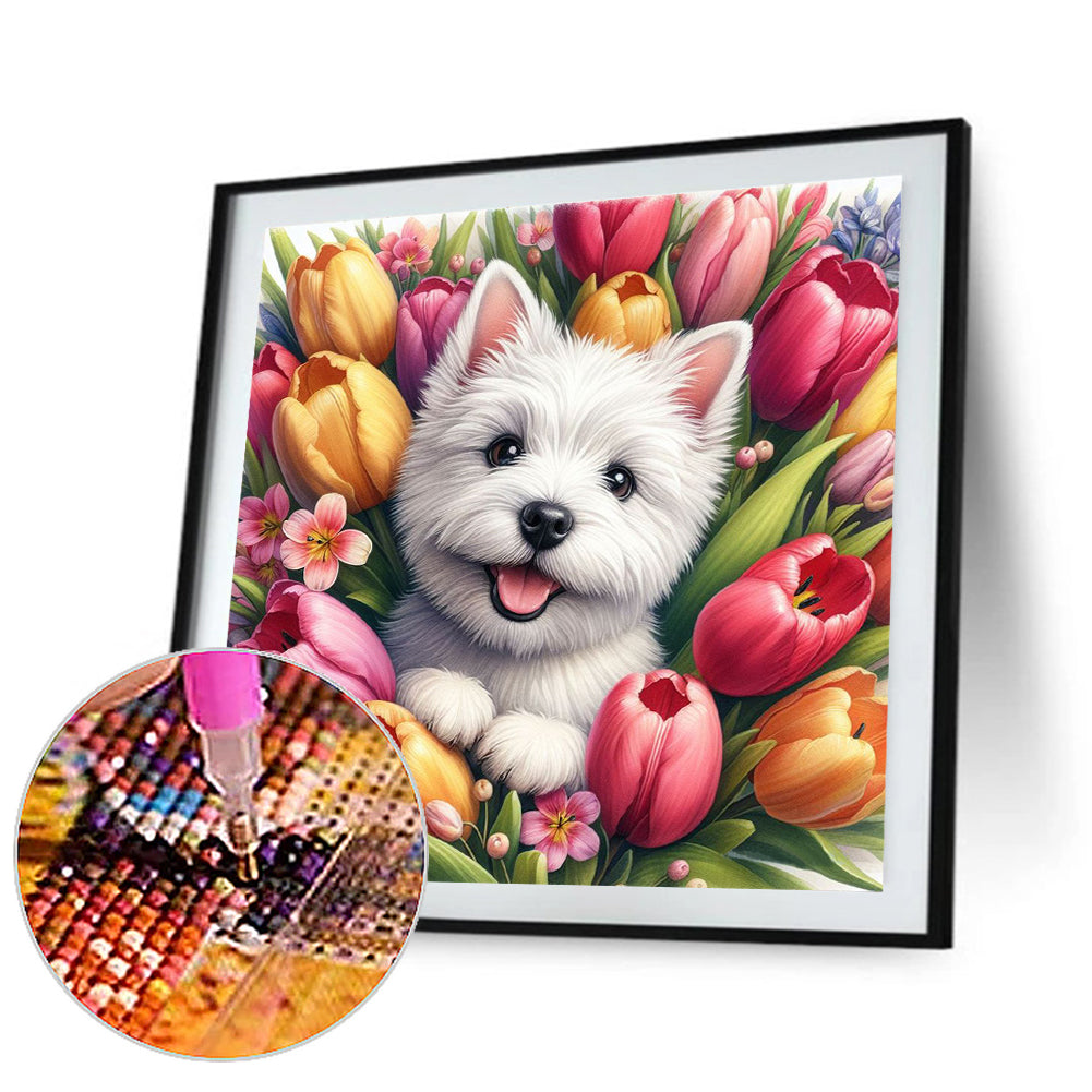 Tulip West Highland White Terrier - Full Round Drill Diamond Painting 30*30CM