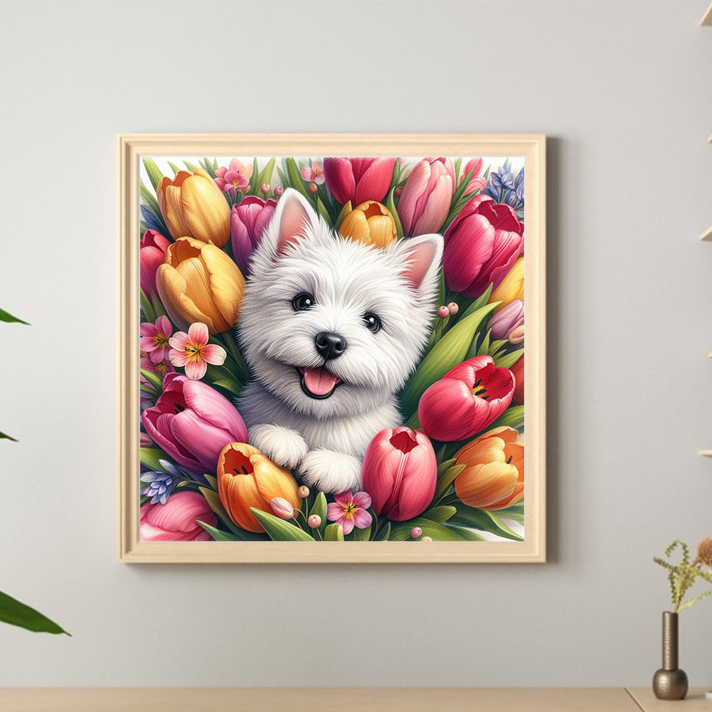 Tulip West Highland White Terrier - Full Round Drill Diamond Painting 30*30CM