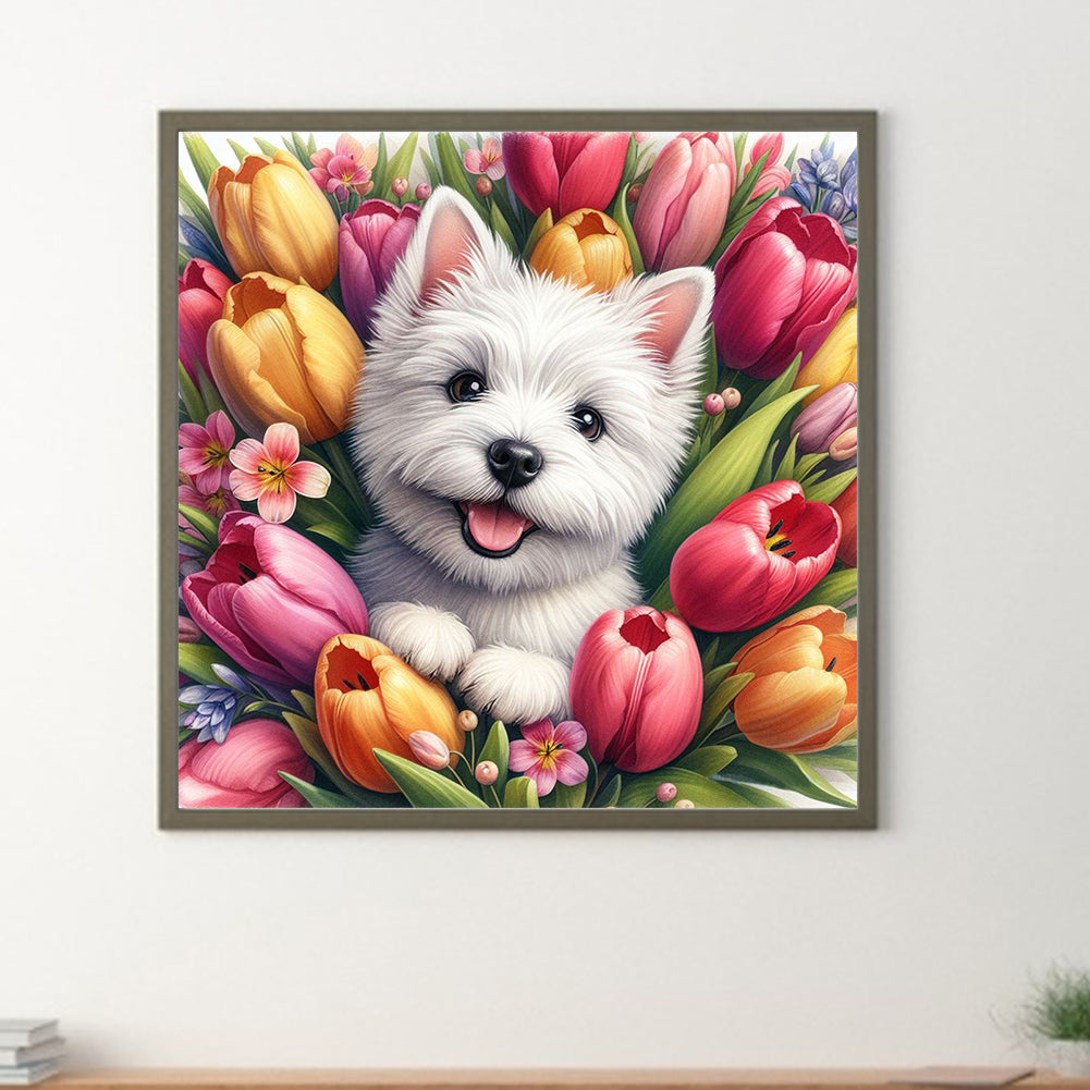 Tulip West Highland White Terrier - Full Round Drill Diamond Painting 30*30CM