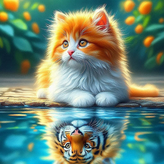 Orange Cat Reflection Tiger - Full Round Drill Diamond Painting 30*30CM