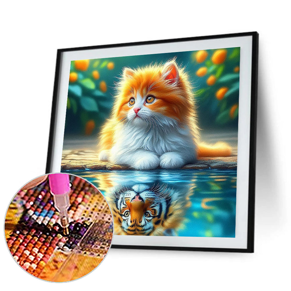 Orange Cat Reflection Tiger - Full Round Drill Diamond Painting 30*30CM