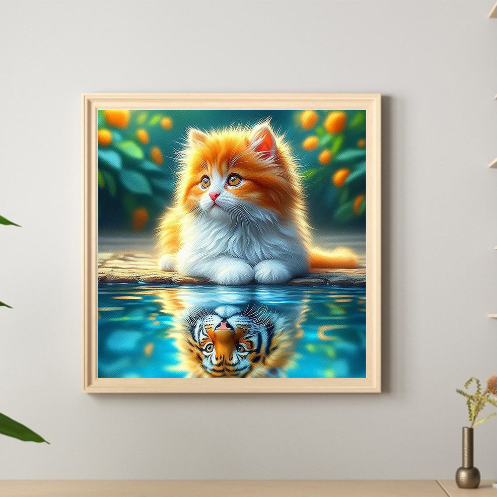 Orange Cat Reflection Tiger - Full Round Drill Diamond Painting 30*30CM