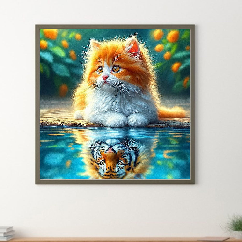 Orange Cat Reflection Tiger - Full Round Drill Diamond Painting 30*30CM