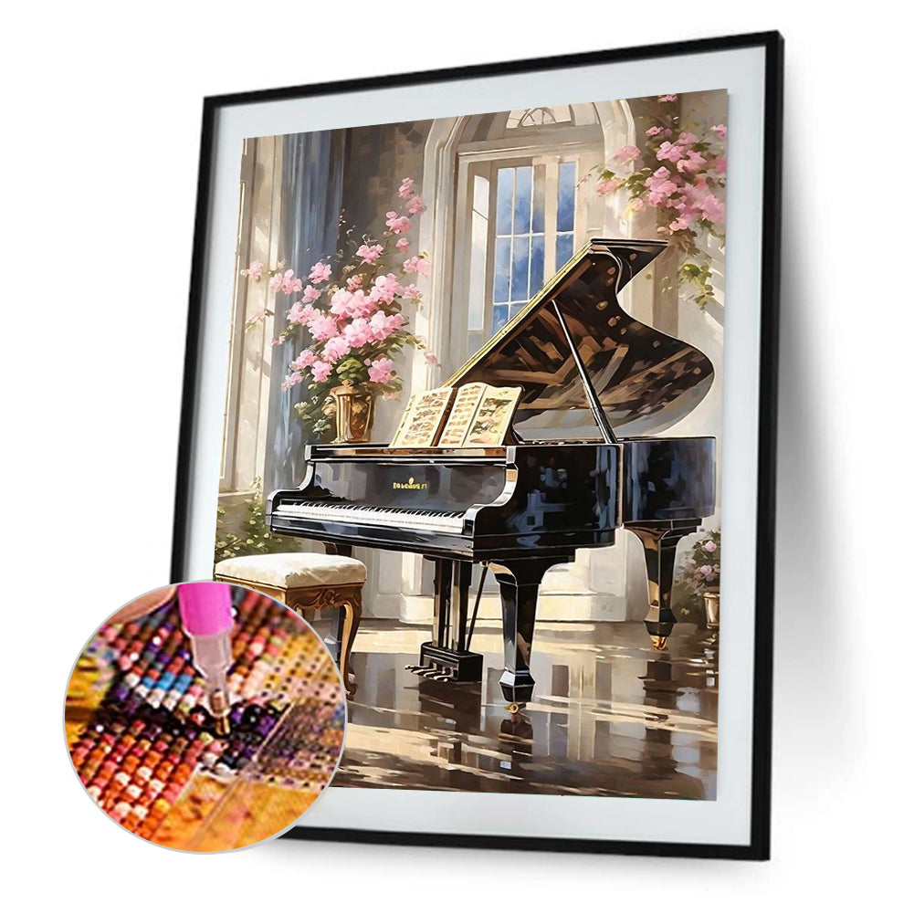 Pink Flower Piano Hall - Full Round Drill Diamond Painting 40*50CM