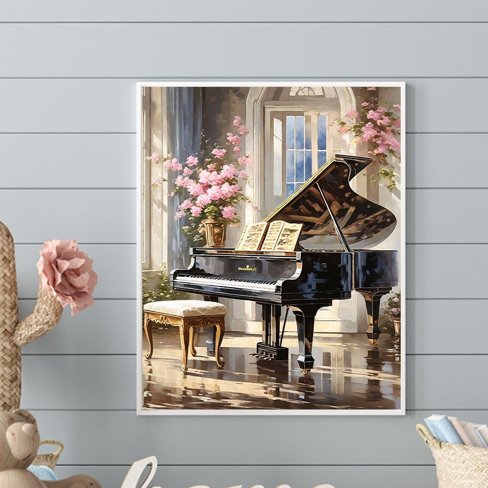 Pink Flower Piano Hall - Full Round Drill Diamond Painting 40*50CM