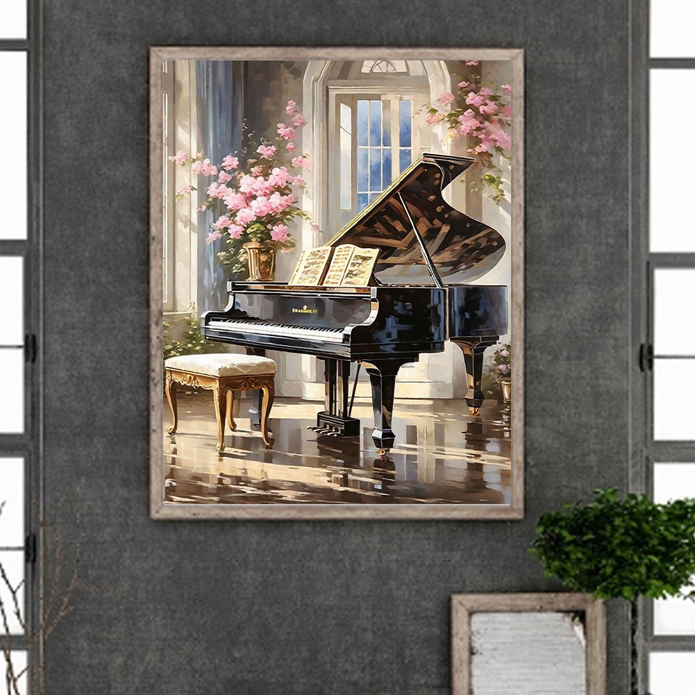 Pink Flower Piano Hall - Full Round Drill Diamond Painting 40*50CM