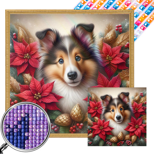 Christmas Poinsettia Dog - Full AB Square Drill Diamond Painting 40*40CM