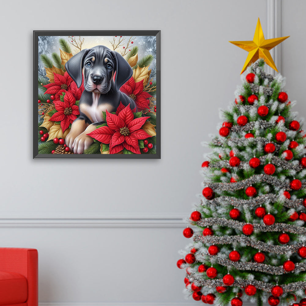 Christmas Poinsettia Dog - Full AB Square Drill Diamond Painting 40*40CM