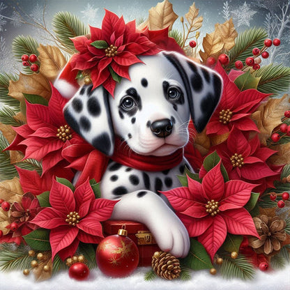 Christmas Poinsettia Dog - Full AB Square Drill Diamond Painting 40*40CM