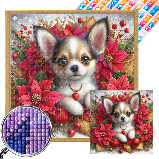 Christmas Poinsettia Dog - Full AB Square Drill Diamond Painting 40*40CM