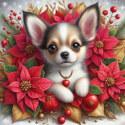 Christmas Poinsettia Dog - Full AB Square Drill Diamond Painting 40*40CM