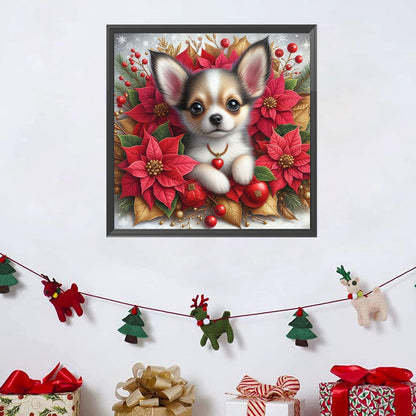 Christmas Poinsettia Dog - Full AB Square Drill Diamond Painting 40*40CM