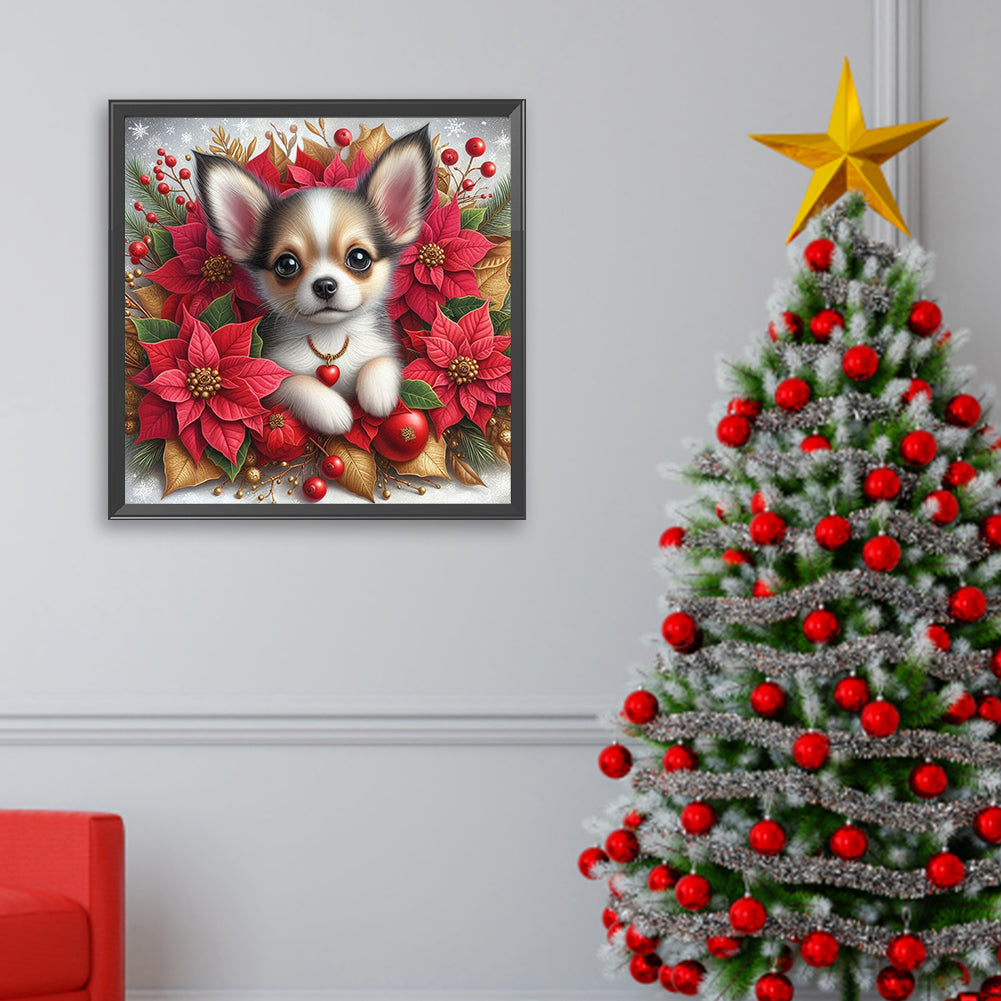 Christmas Poinsettia Dog - Full AB Square Drill Diamond Painting 40*40CM