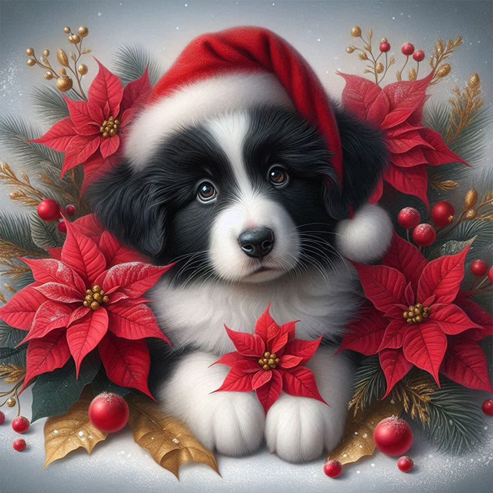 Christmas Poinsettia Dog - Full AB Square Drill Diamond Painting 40*40CM