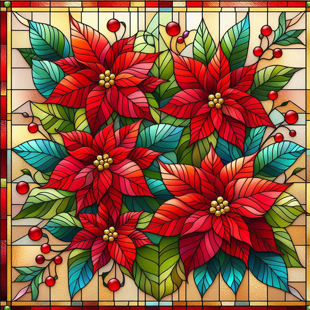Glass Painting Poinsettia - Full AB Square Drill Diamond Painting 40*40CM
