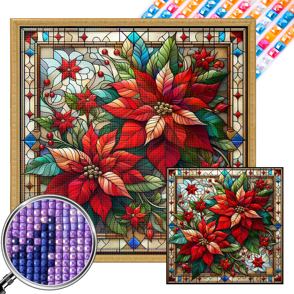 Glass Painting Poinsettia - Full AB Square Drill Diamond Painting 40*40CM