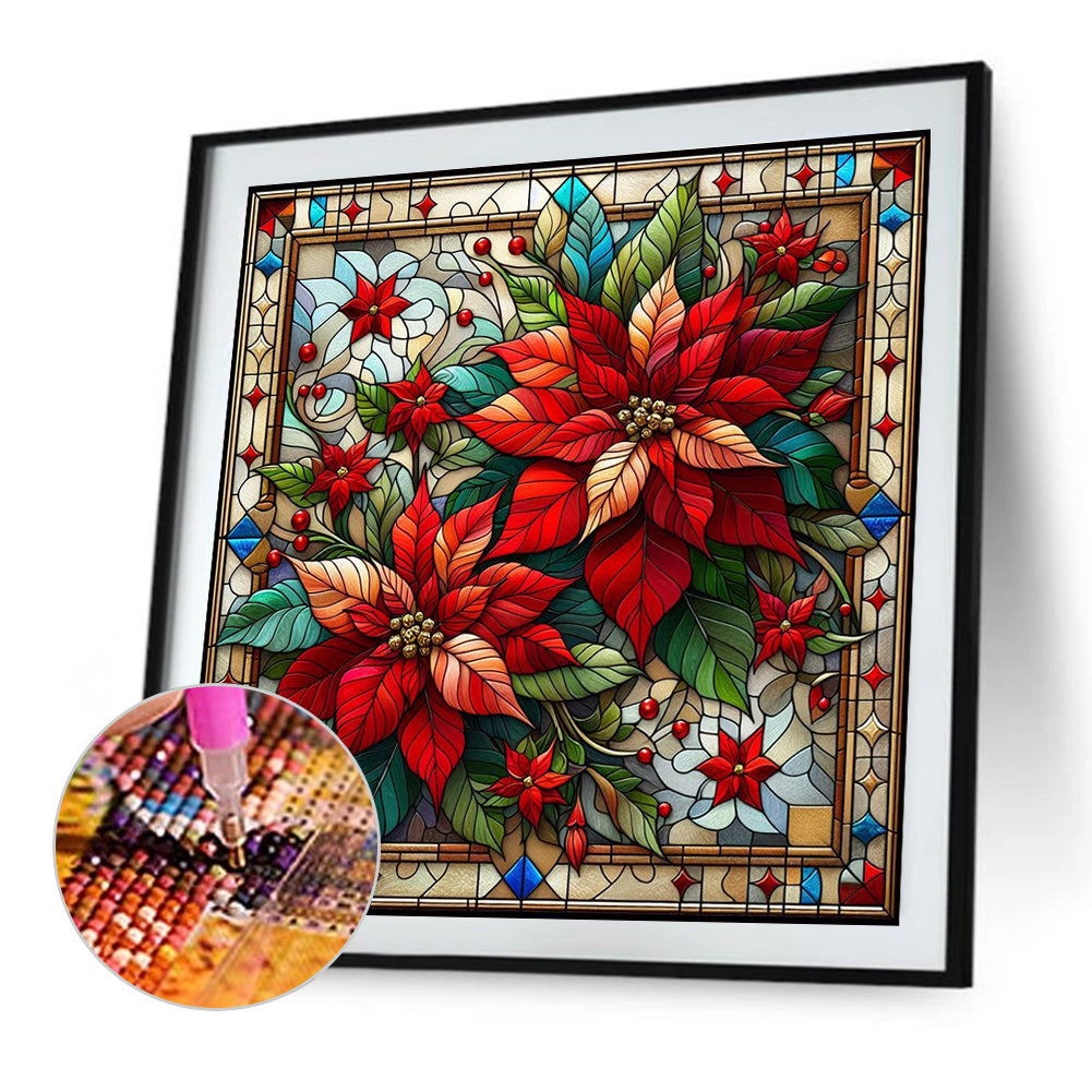 Glass Painting Poinsettia - Full AB Square Drill Diamond Painting 40*40CM