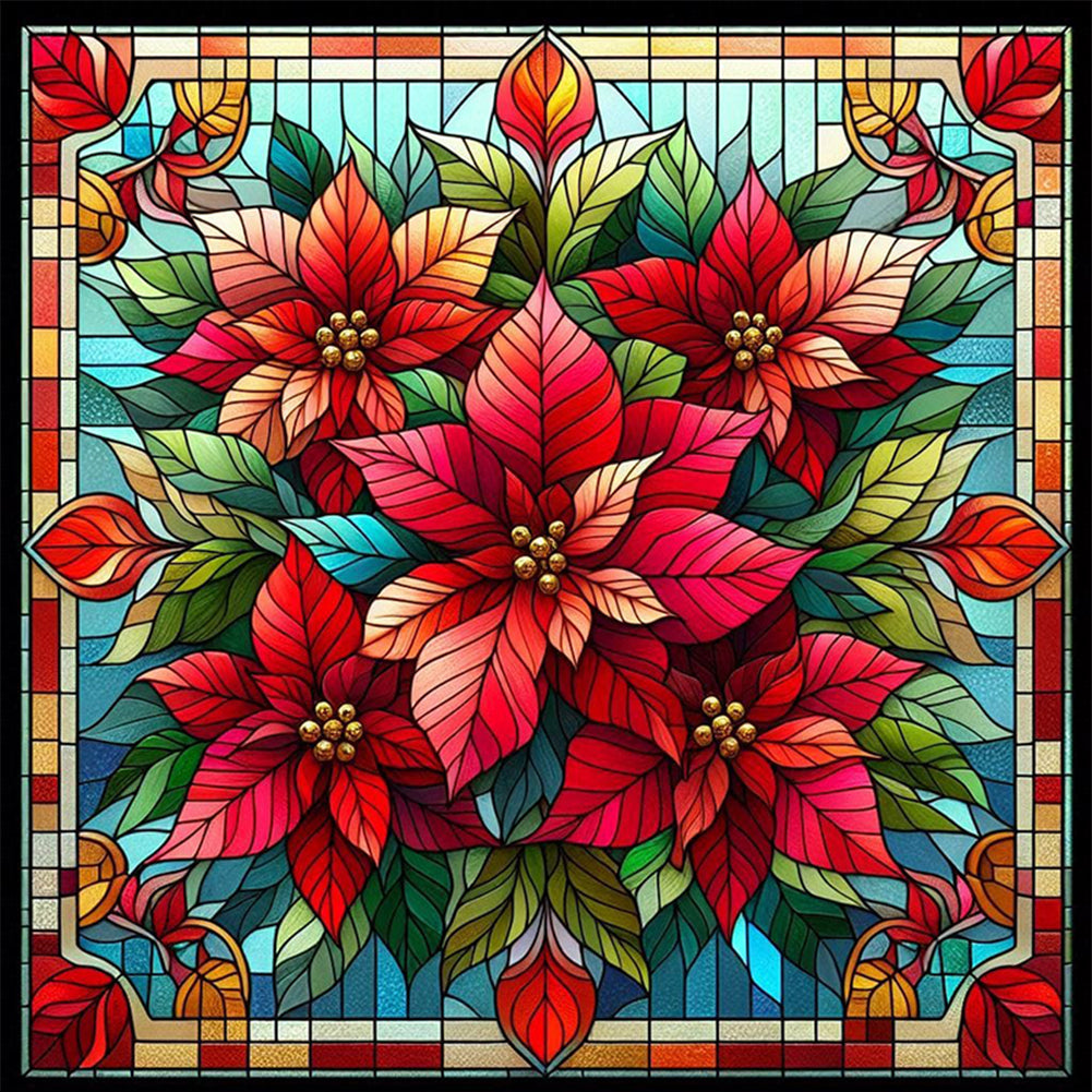 Glass Painting Poinsettia - Full AB Square Drill Diamond Painting 40*40CM