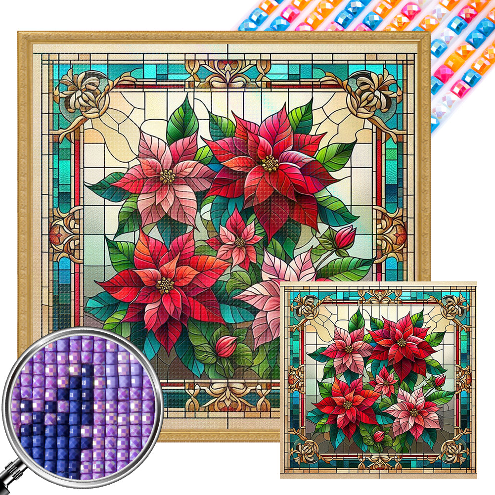 Glass Painting Poinsettia - Full AB Square Drill Diamond Painting 40*40CM