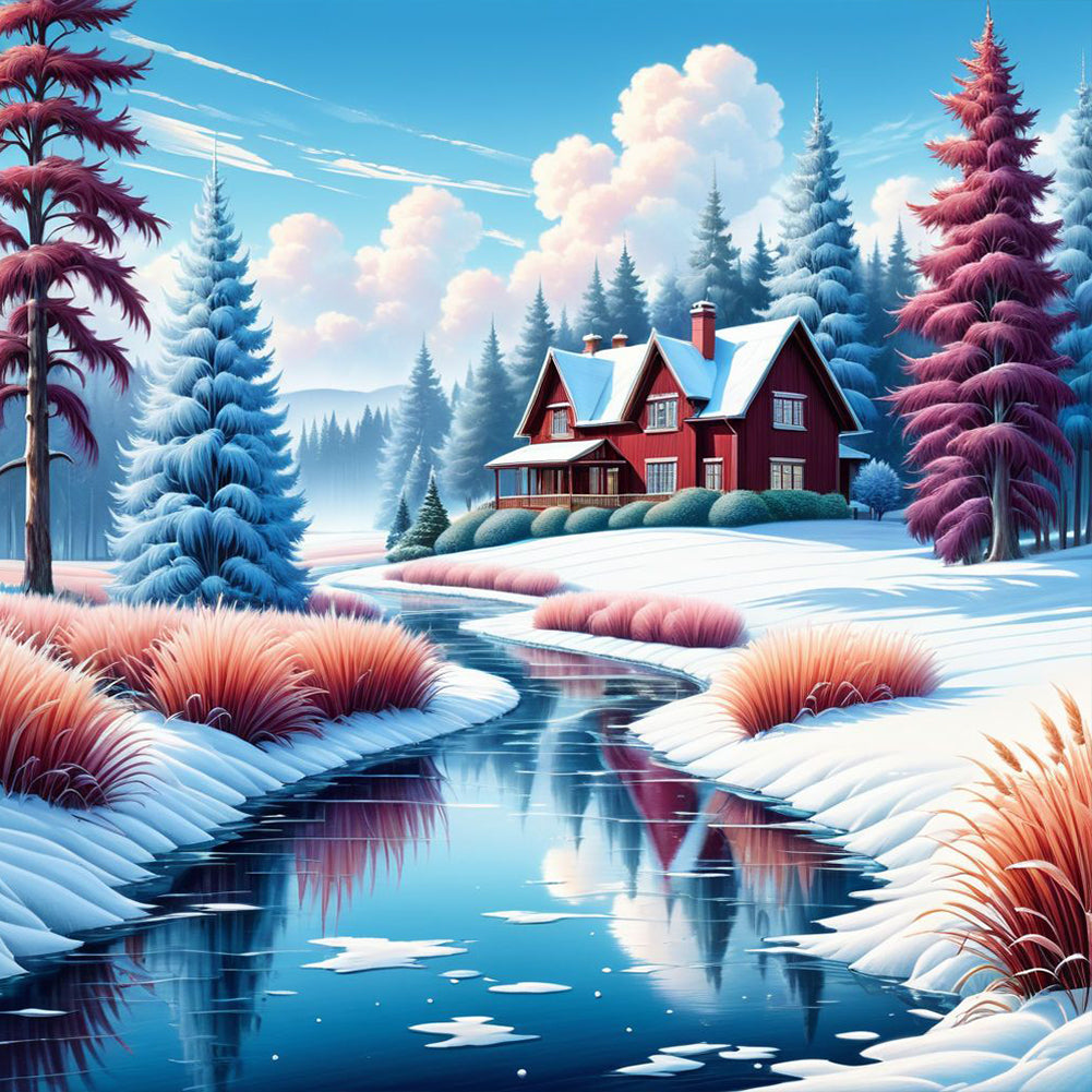 Small House In The Snow By The River - Full Round Drill Diamond Painting 30*30CM