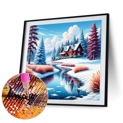 Small House In The Snow By The River - Full Round Drill Diamond Painting 30*30CM