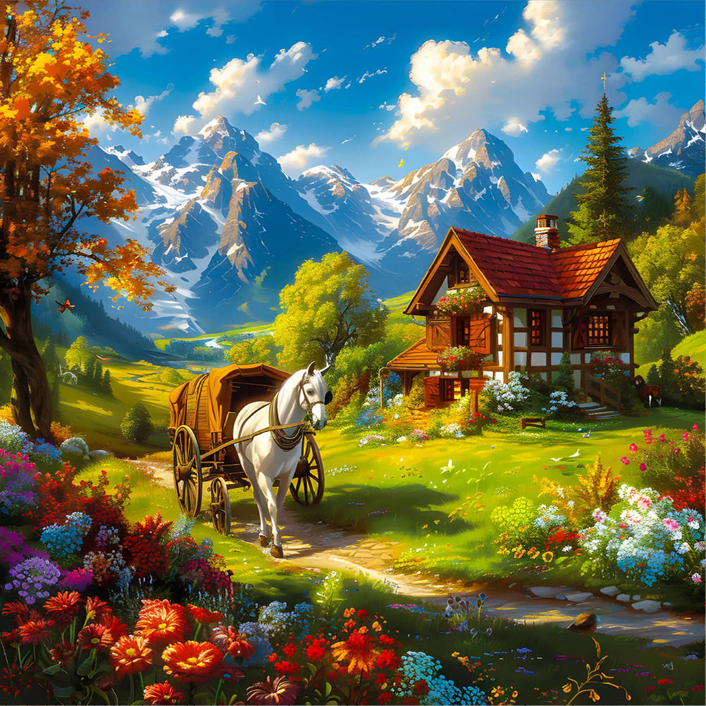 Snow Melting Mountain White Horse House Flowers - Full Round Drill Diamond Painting 30*30CM