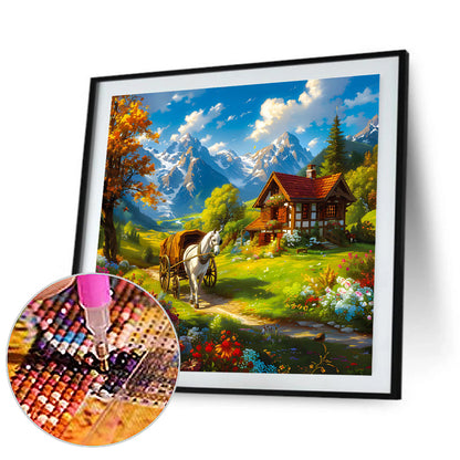 Snow Melting Mountain White Horse House Flowers - Full Round Drill Diamond Painting 30*30CM