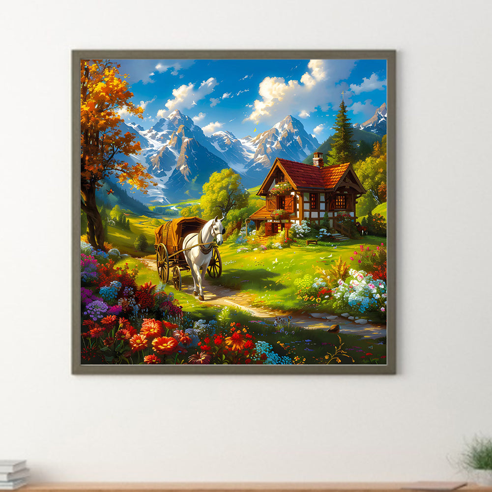 Snow Melting Mountain White Horse House Flowers - Full Round Drill Diamond Painting 30*30CM