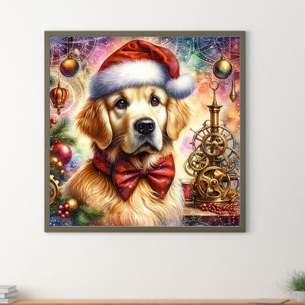 Golden Retriever With Santa Hat - Full Round Drill Diamond Painting 30*30CM