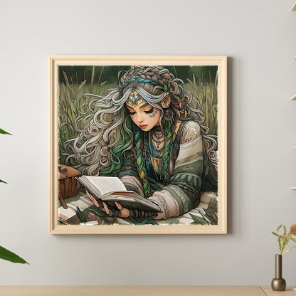 Curly-Haired Girl Reading A Book In The Grass - Full Round Drill Diamond Painting 40*40CM