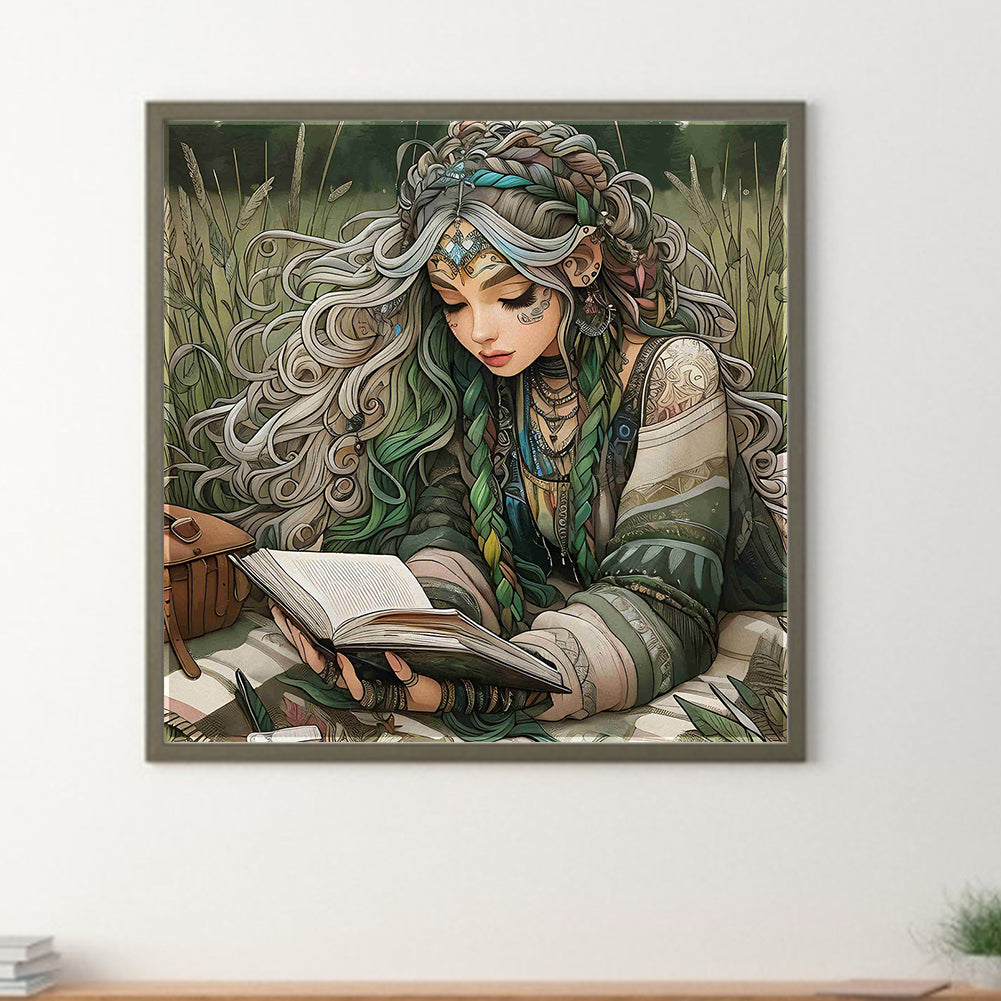 Curly-Haired Girl Reading A Book In The Grass - Full Round Drill Diamond Painting 40*40CM