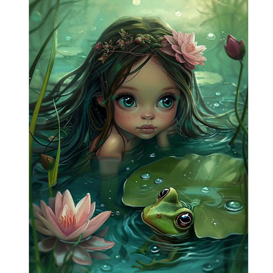 Frog Lotus Leaf Girl - Full Round Drill Diamond Painting 40*50CM